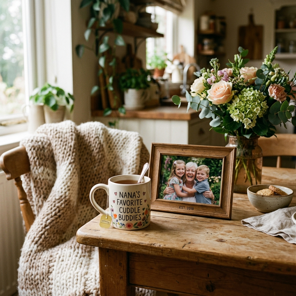 Personalized mug and photo keepsake gifts for grandma on a cozy kitchen table