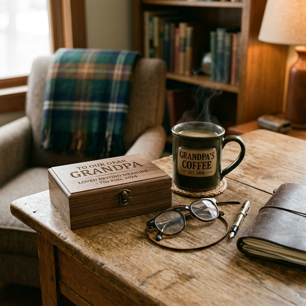 Personalized engraved keepsake and mug gifts for grandpa on a rustic desk
