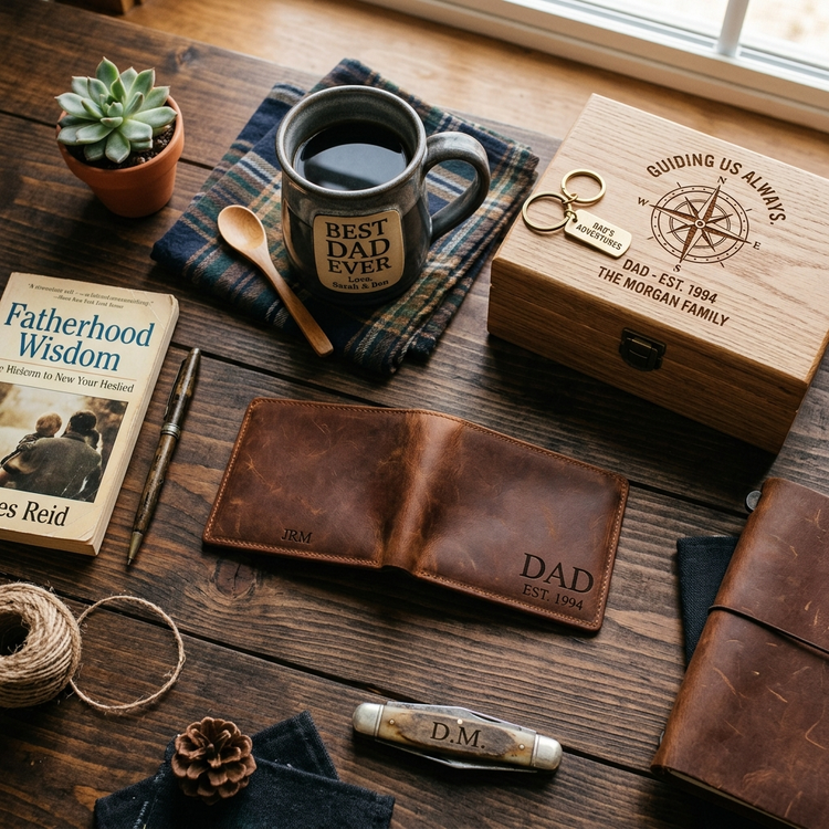 Personalized gifts for dad with engraved wallet, mug and wooden keepsake