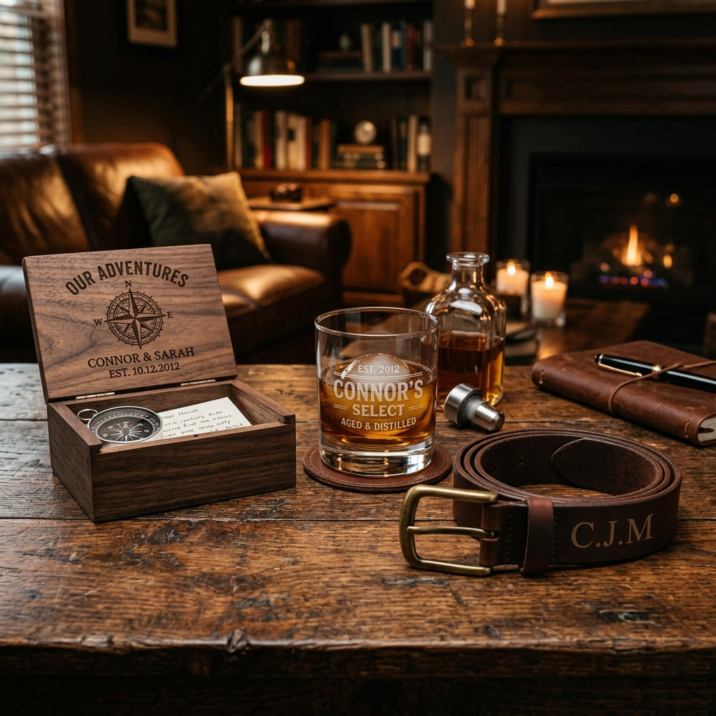 Personalized gifts for husband with engraved whiskey glass and leather belt