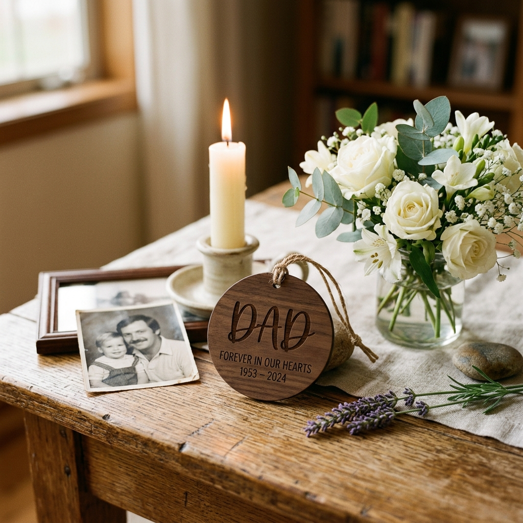 Memorial keepsake gifts honoring the loss of a father with candle and white flowers