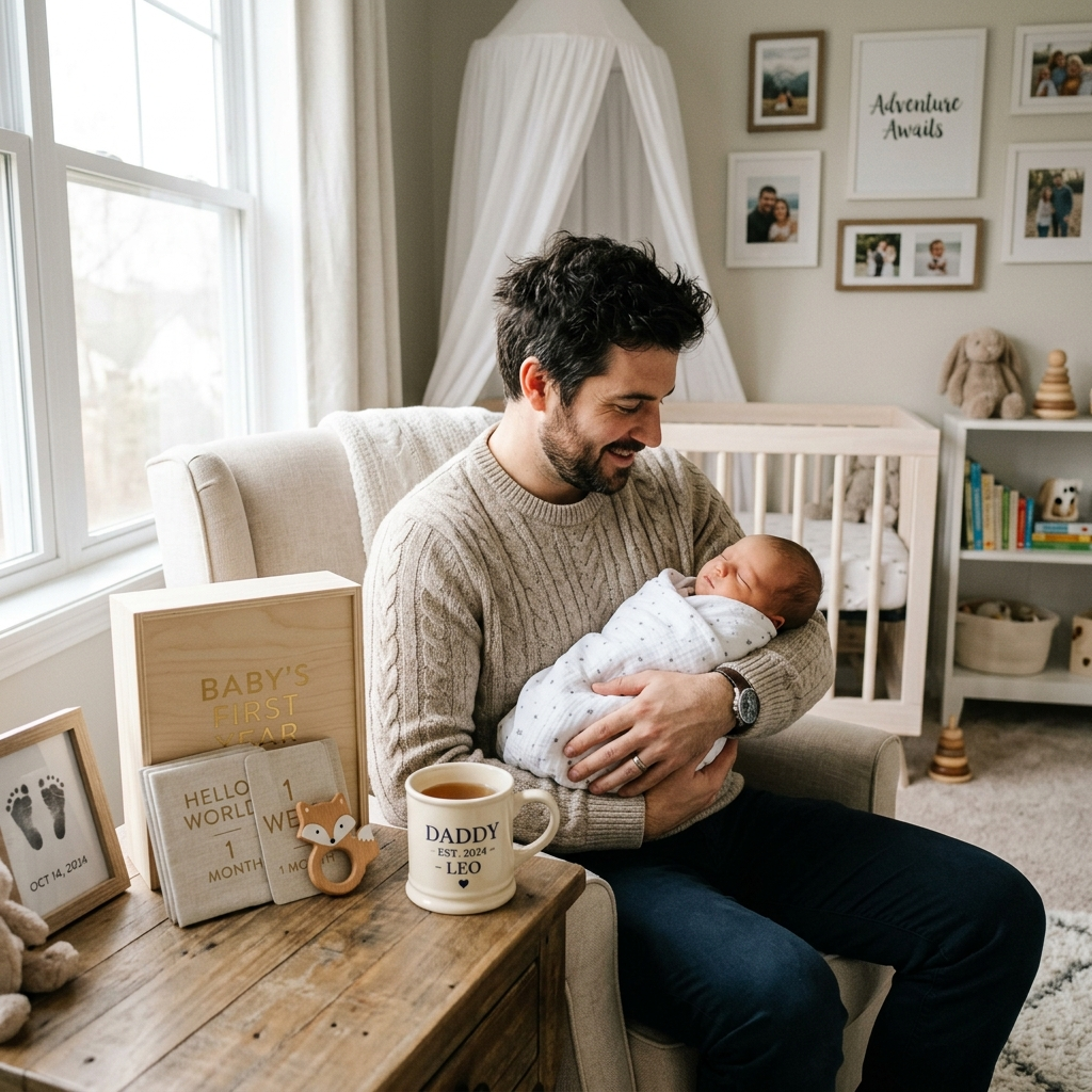 First time dad gifts with new dad holding newborn and personalized keepsakes