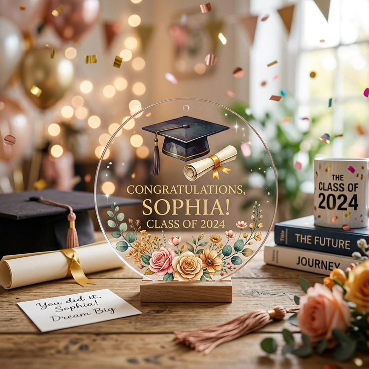 Personalized graduation gifts with custom ornament, diploma and flowers