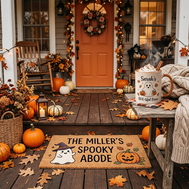 Personalized Halloween gifts with custom mug, doormat and pumpkins