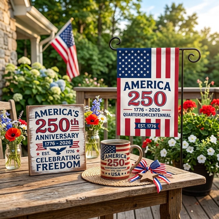 America 250th anniversary patriotic gifts with flag themed mug and garden flag