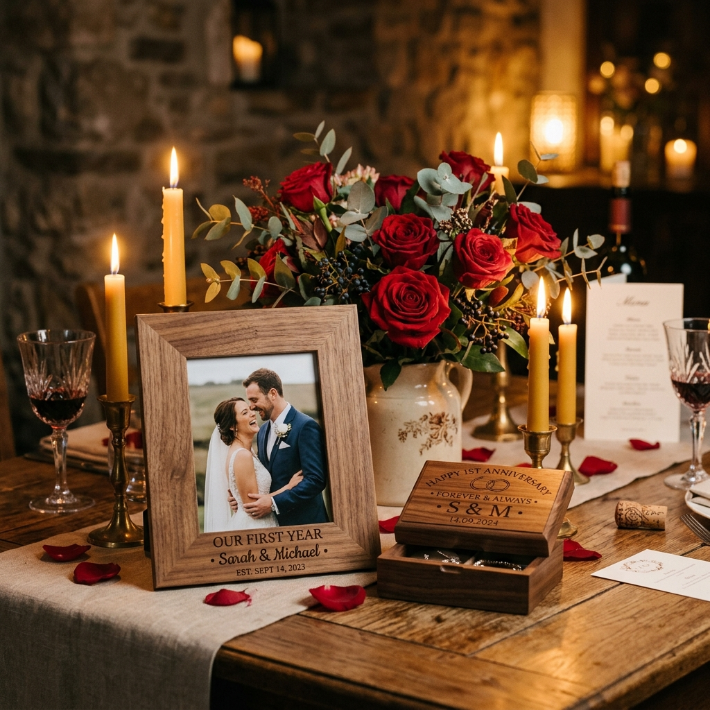 Romantic personalized anniversary gifts with photo frame, roses and candles