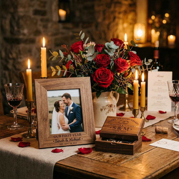 Romantic personalized anniversary gifts with photo frame, roses and candles