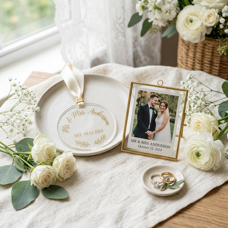 Personalized wedding gifts with Mr and Mrs ornament, flowers and rings