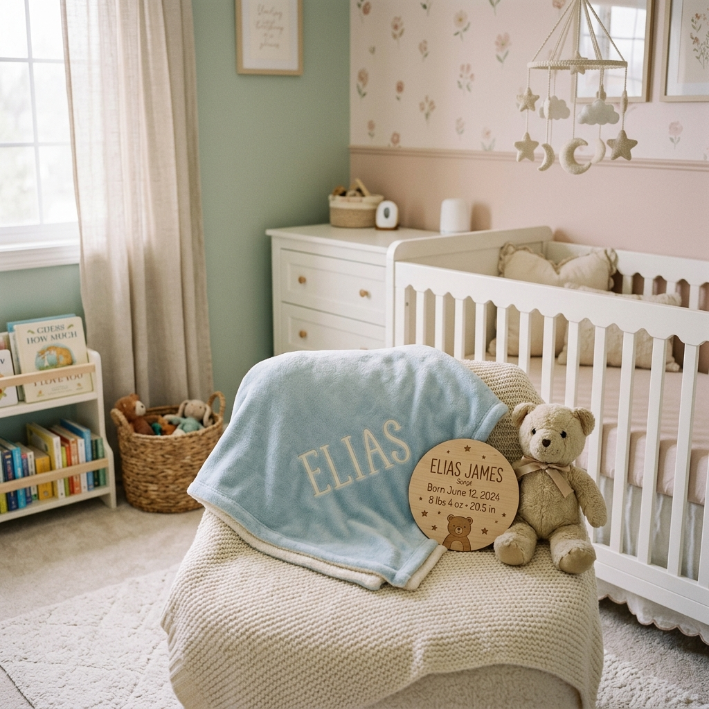 Personalized baby gifts with name blanket and keepsake in a pastel nursery
