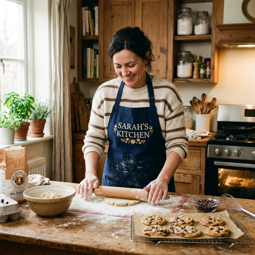 Personalized kitchen apron with embroidered name in a warm baking scene