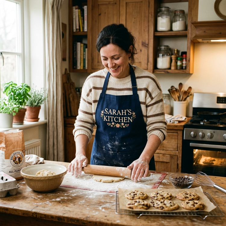 Personalized kitchen apron with embroidered name in a warm baking scene
