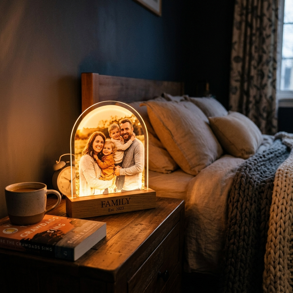 Personalized photo night light glowing on a bedside table