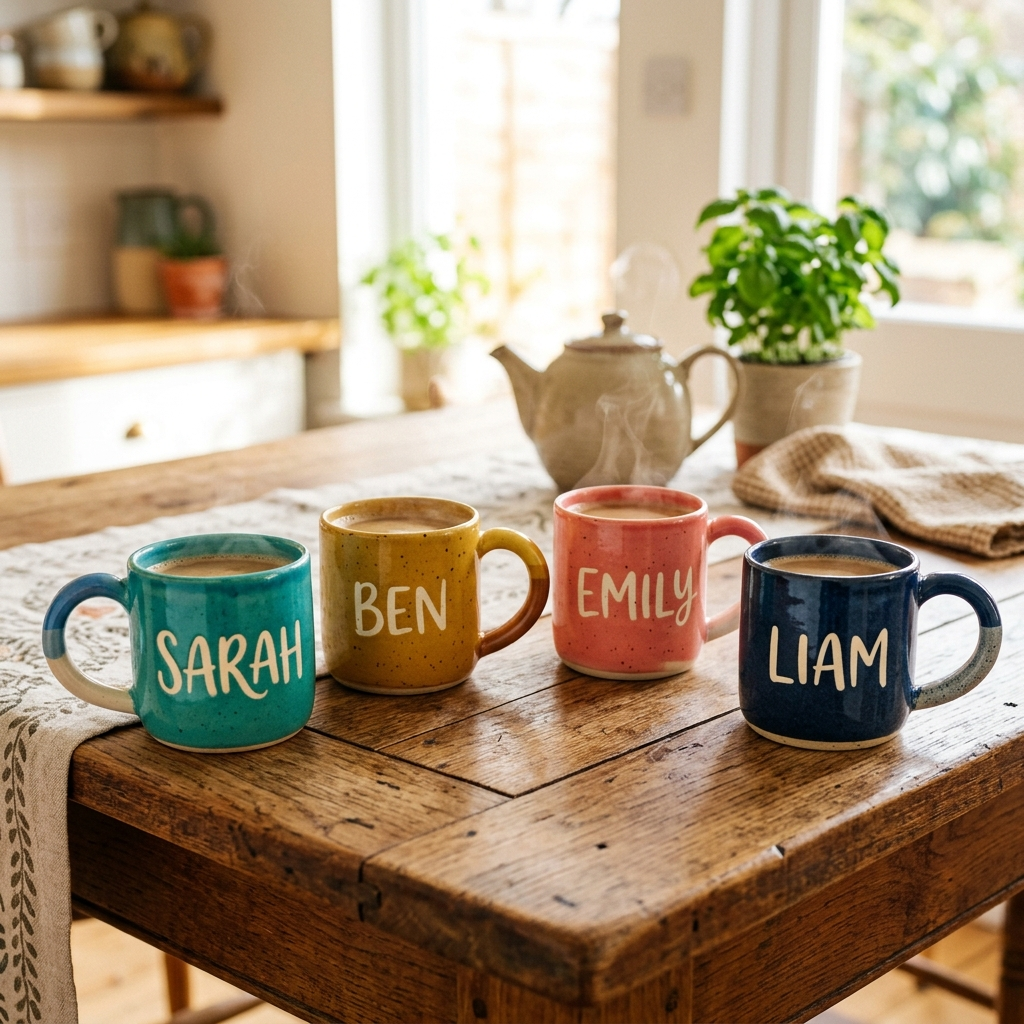 Colorful accent ceramic mugs with personalized names on a wooden table