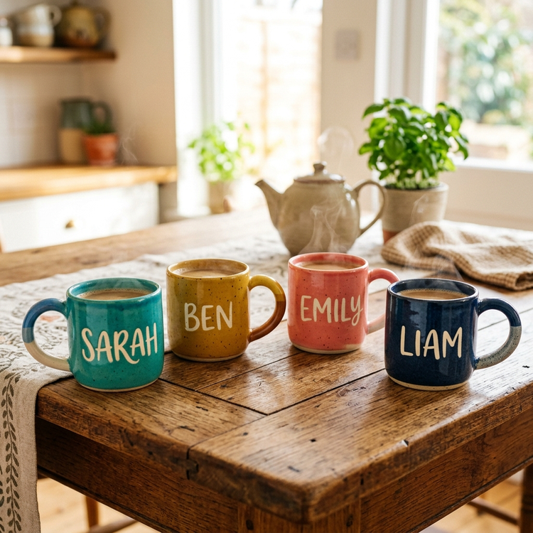 Colorful accent ceramic mugs with personalized names on a wooden table