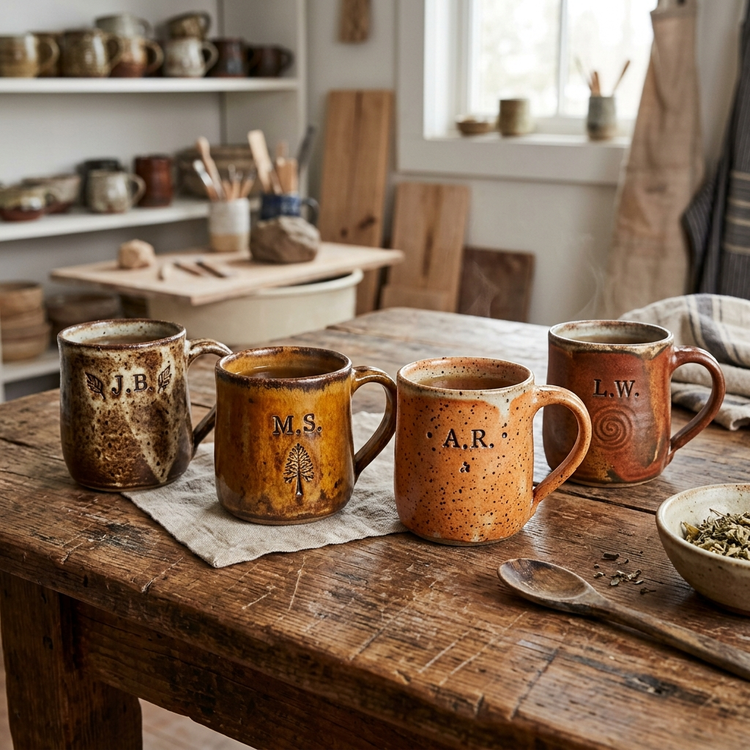 Handcrafted clay mugs with rustic glaze and personalized initials