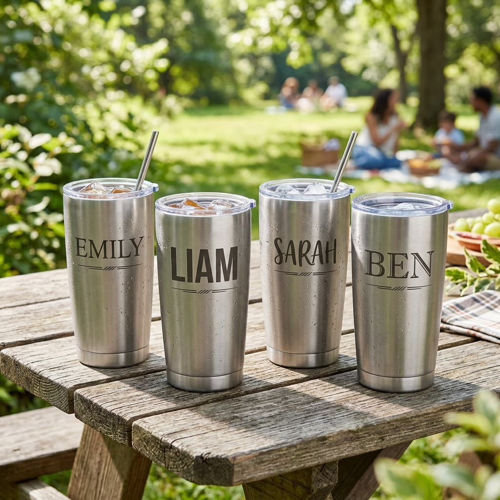 Personalized 20oz stainless steel tumblers with engraved names outdoors