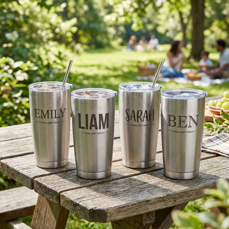 Personalized 20oz stainless steel tumblers with engraved names outdoors