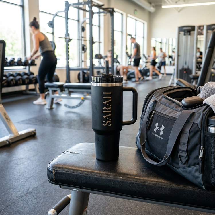 Personalized 40oz tumbler with handle and engraved name, active lifestyle