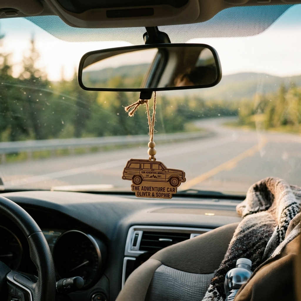 Personalized wooden car ornament charm hanging from a rearview mirror