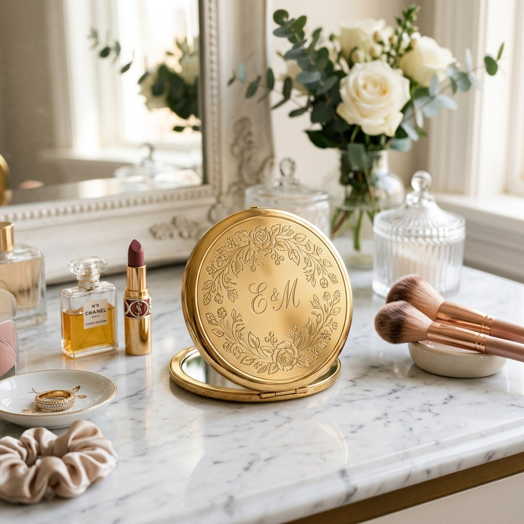 Elegant personalized compact mirror with engraved floral design on a vanity
