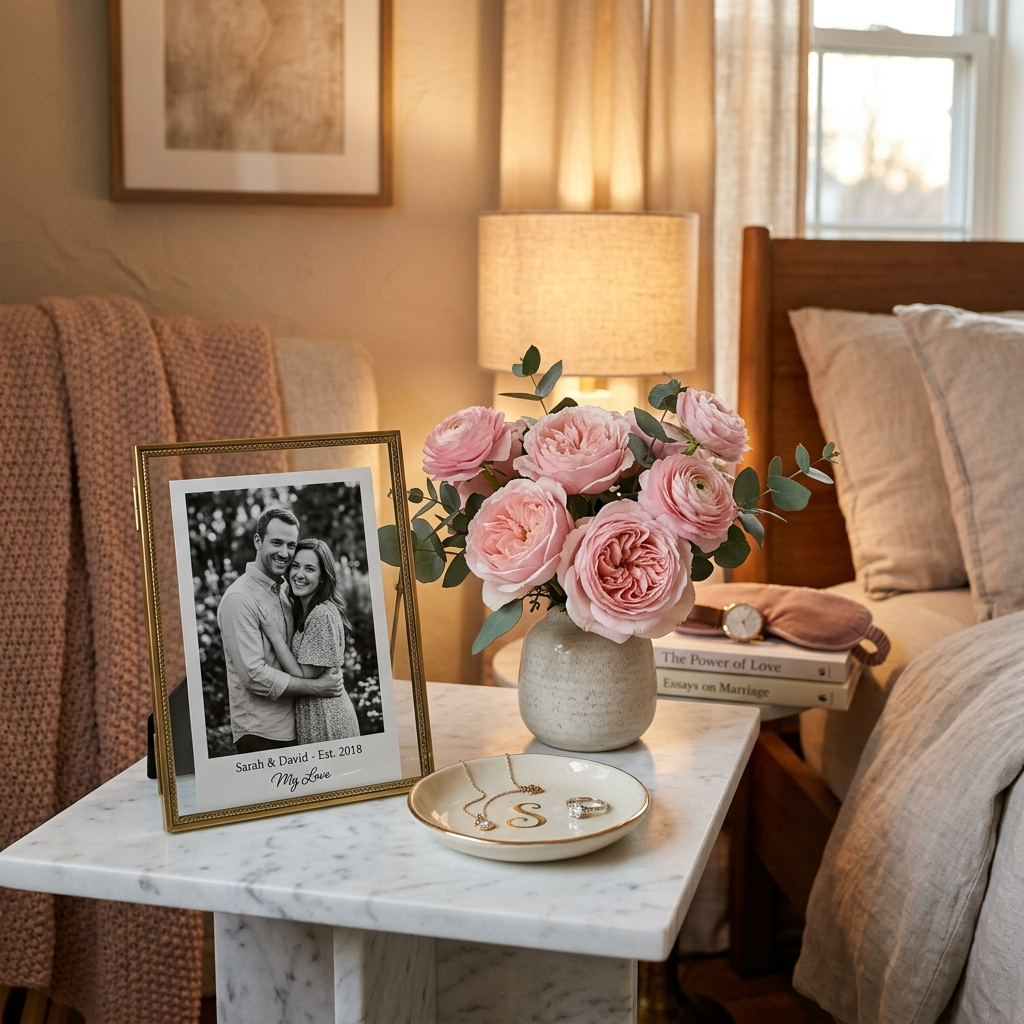 Elegant personalized gifts for wife with photo frame, jewelry dish and roses