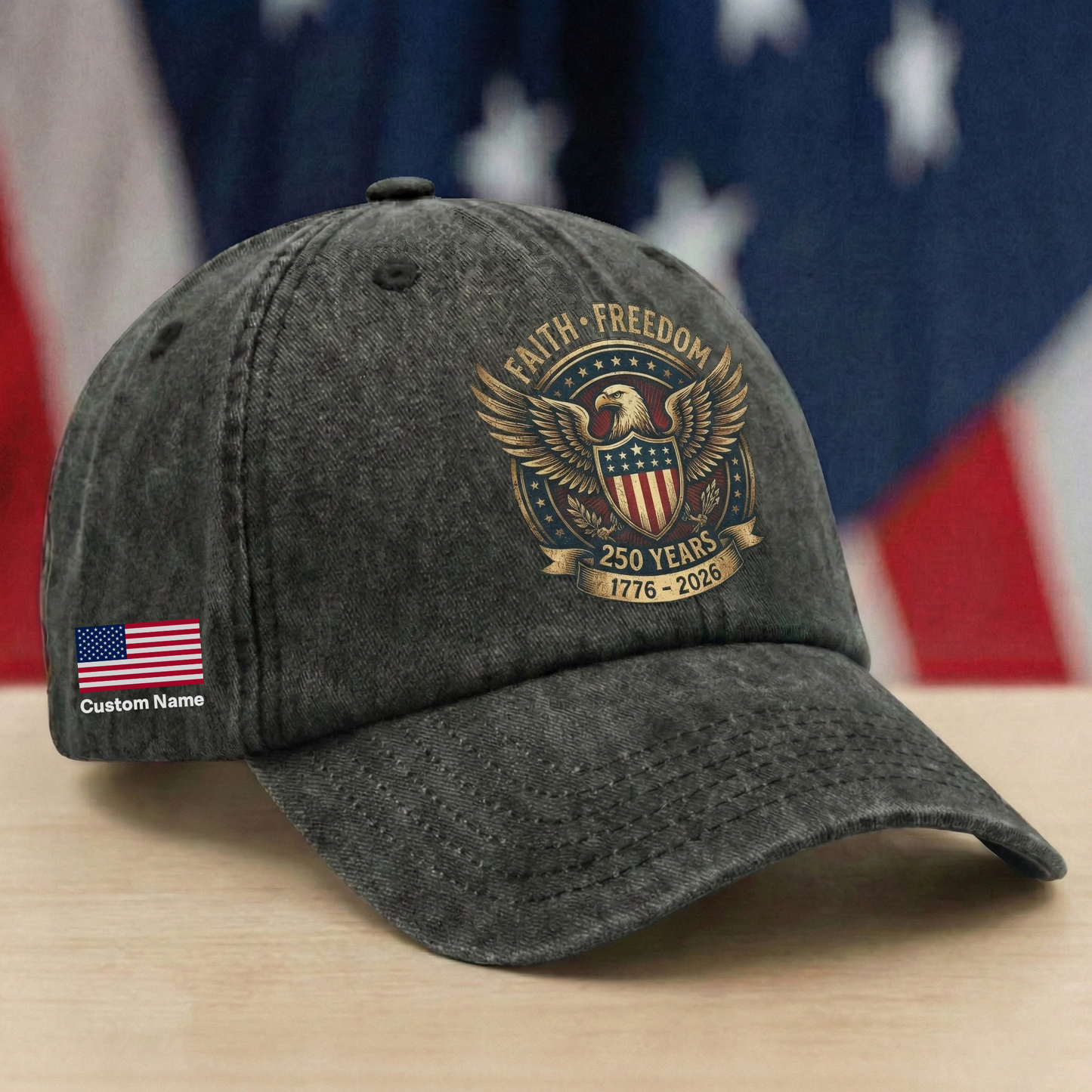 250 Years Of Freedom 1776–2026 Eagle Custom Name Washed Denim Baseball Cap