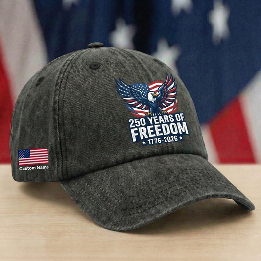 250 Years of Freedom Eagle Washed Denim Baseball Cap – Custom Name Patriotic USA Hat 1776-2026