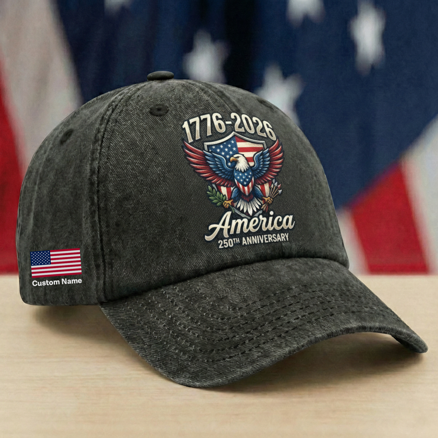 America 250 Years Anniversary Eagle US Flag Washed Denim Cap – Personalized Independence Day Gift