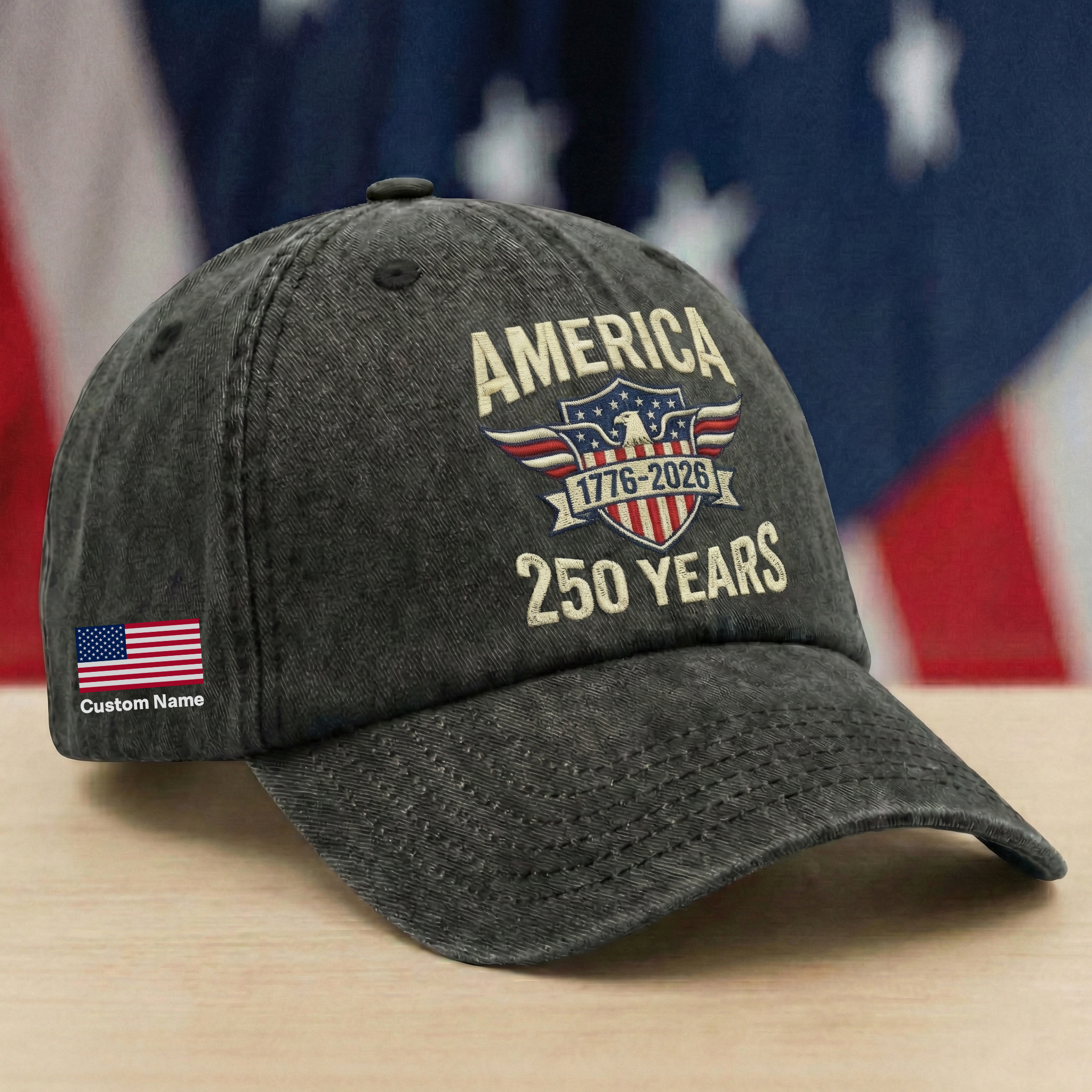 America 250 Years Strong – Patriotic Gift for America’s 250th Anniversary for Americans – Personalized Washed Denim Baseball Cap