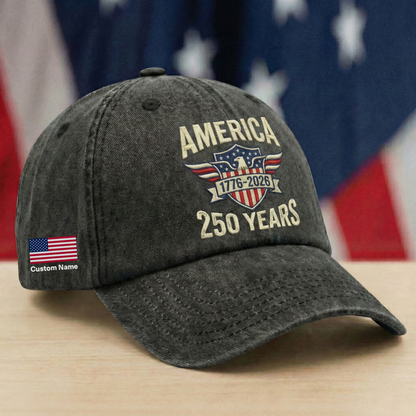 America 250 Years Strong – Patriotic Gift for America’s 250th Anniversary for Americans – Personalized Washed Denim Baseball Cap