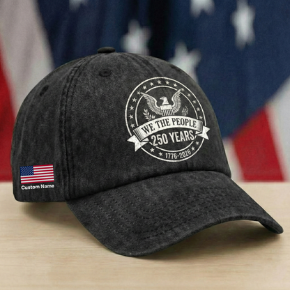 We The People 250 Years Eagle Washed Denim Baseball Cap – Custom Name Patriotic USA 1776-2026 Anniversary Hat