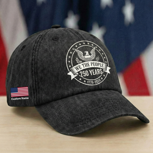 We The People 250 Years Eagle Washed Denim Baseball Cap – Custom Name Patriotic USA 1776-2026 Anniversary Hat