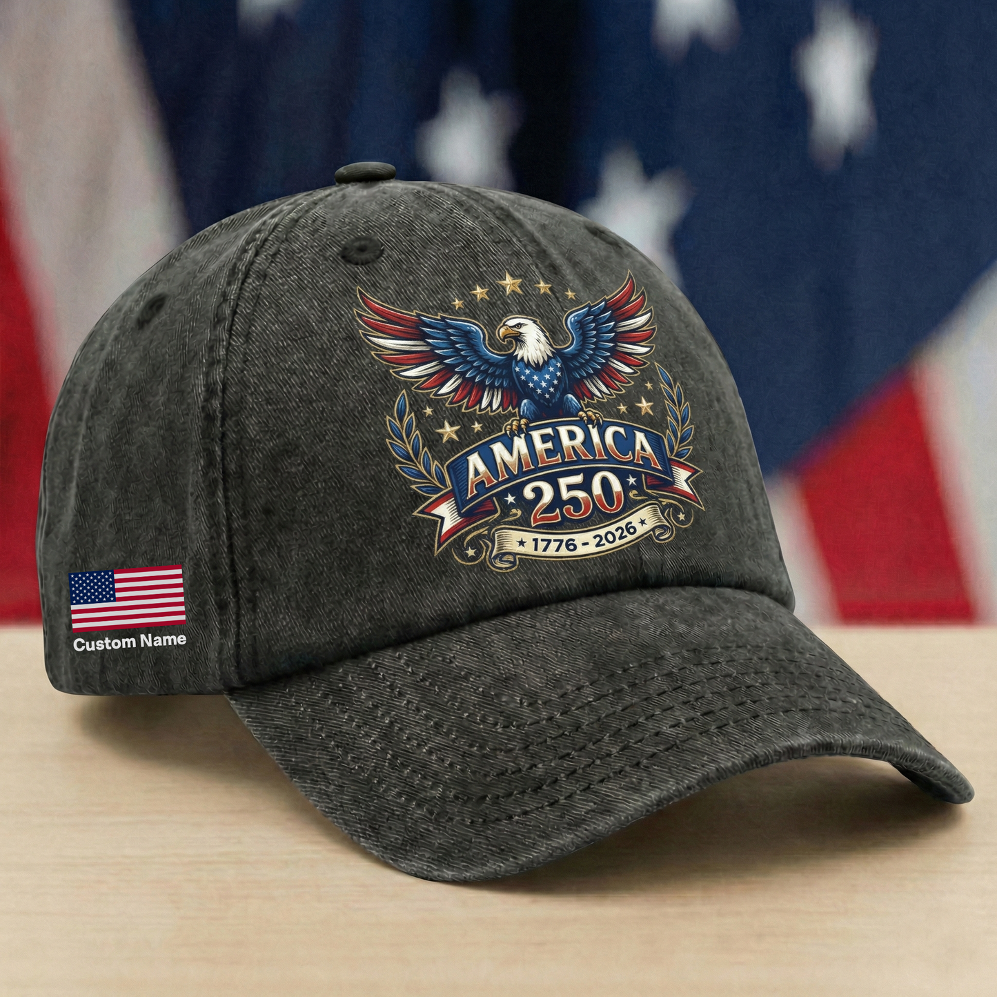 America 250 Washed Denim Baseball Cap – Personalized Eagle USA Patriotic Hat 1776–2026