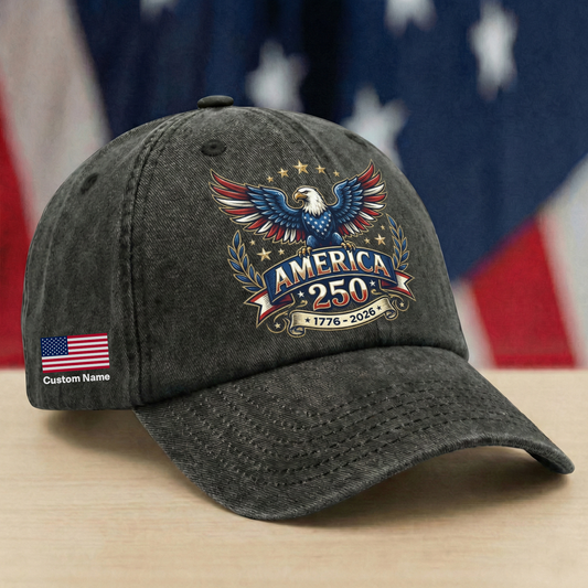 America 250 Washed Denim Baseball Cap – Personalized Eagle USA Patriotic Hat 1776–2026