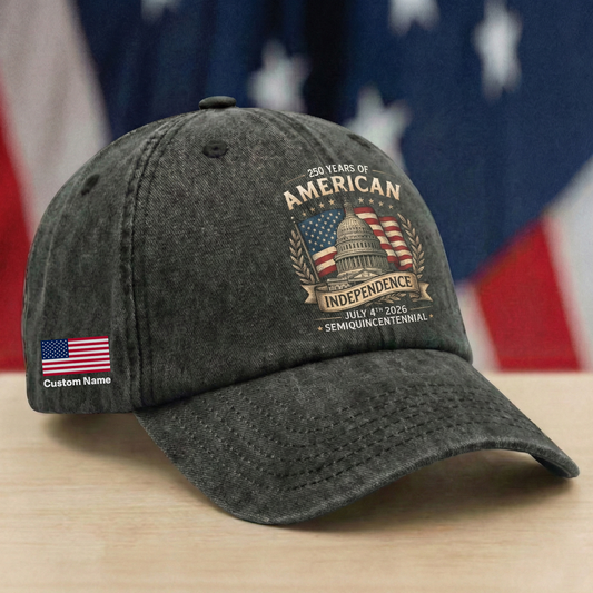 250 Years of American Independence – Patriotic Independence Day 2026 Gift for Americans – Personalized Washed Denim Baseball Cap