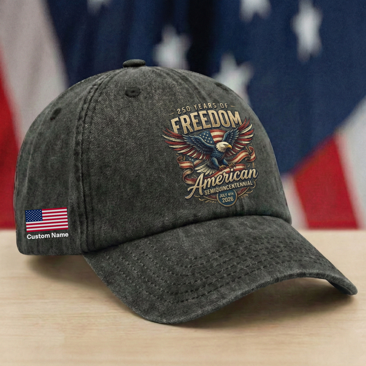 250 Years of Freedom American Eagle Washed Denim Baseball Cap – Custom Name Patriotic USA Hat 1776-2026