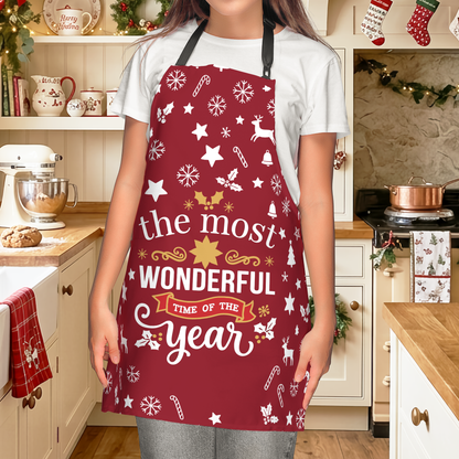 Personalized The Most Wonderful Time of the Year Christmas Apron with Custom Name, Festive Christmas Pattern Baking Apron, Holiday Kitchen Gift for Family