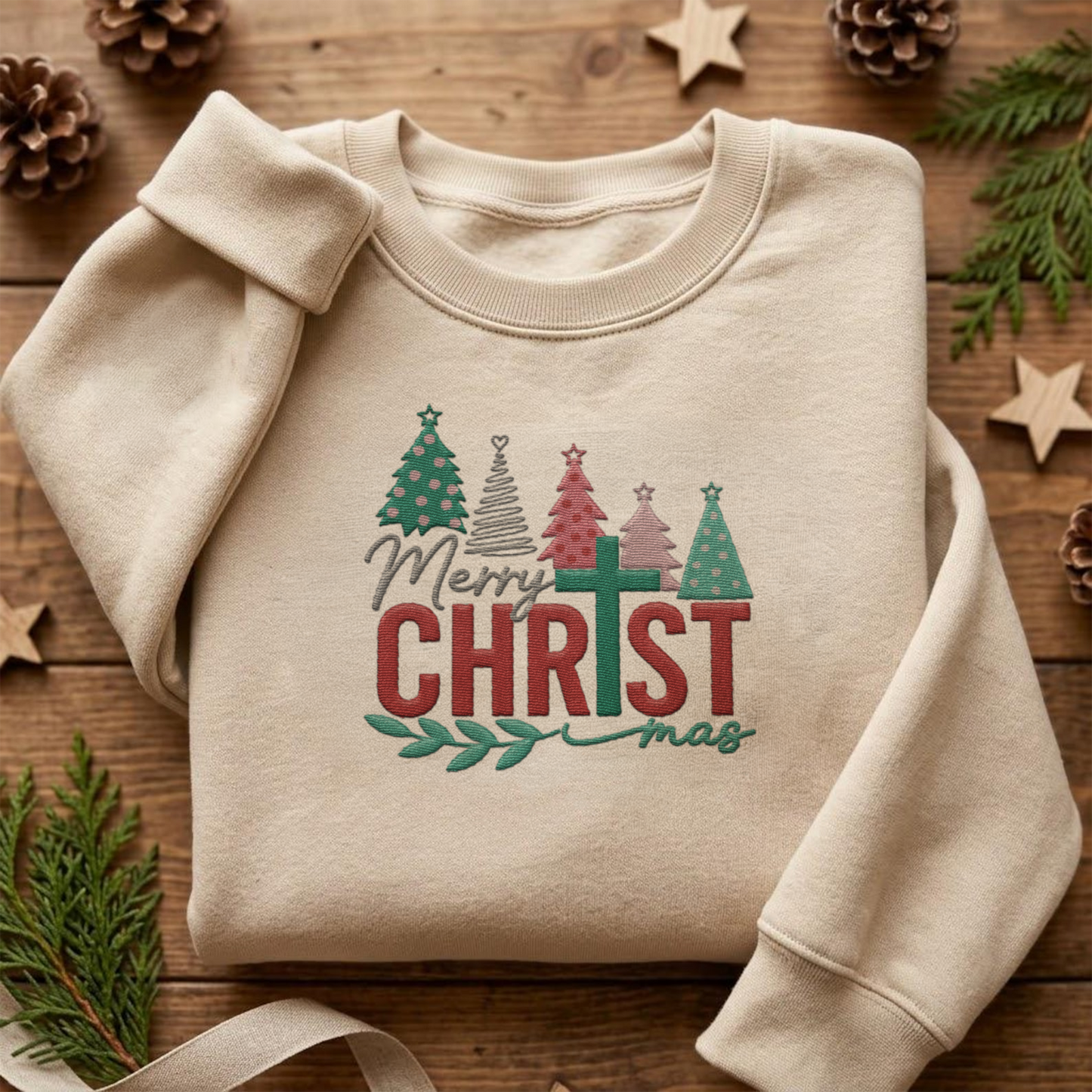 Merry Christmas Embroidered Sweatshirt, Christmas Tree Holiday Pullover