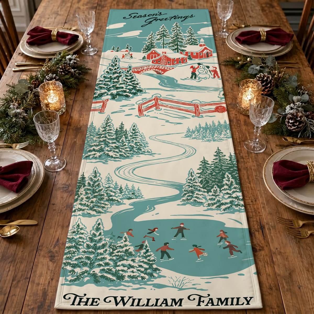 Personalized Family Name Vintage Winter Village Quilt Table Runner, Custom Teal Blue Ice Skating Countryside Quilted Table Runner Decor, Nostalgic Holiday Dining Room Table Topper