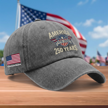 America 250th Anniversary 1776-2026 Embroidered Baseball Cap – Custom Name Patriotic USA Washed Denim Hat