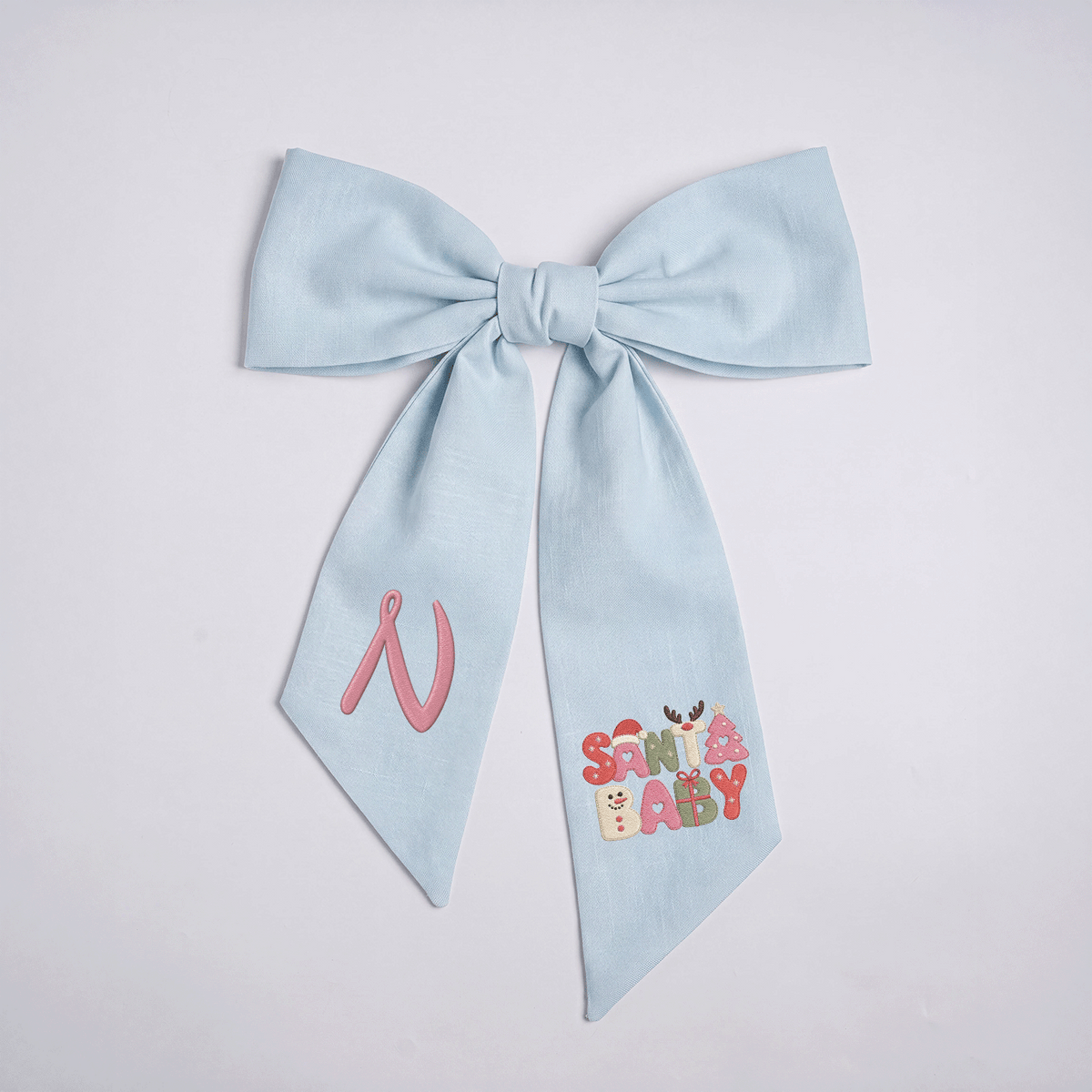 Custom Monogram Santa Baby Embroidered Linen Door Wreath Sash, Personalized Initial Retro Typography Reindeer Pink Tree Holiday Wreath Sash & Front Door Decor
