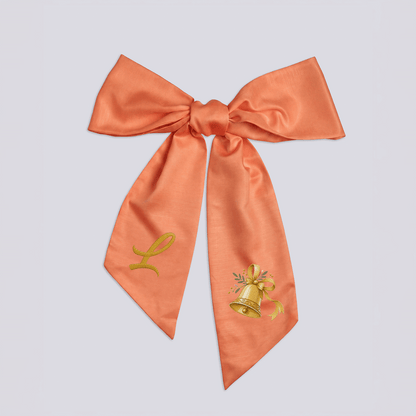 Custom Letter Golden Christmas Bell Embroidered Linen Wreath Sash, Personalized Monogram Holiday Bow Sash for Door Decor