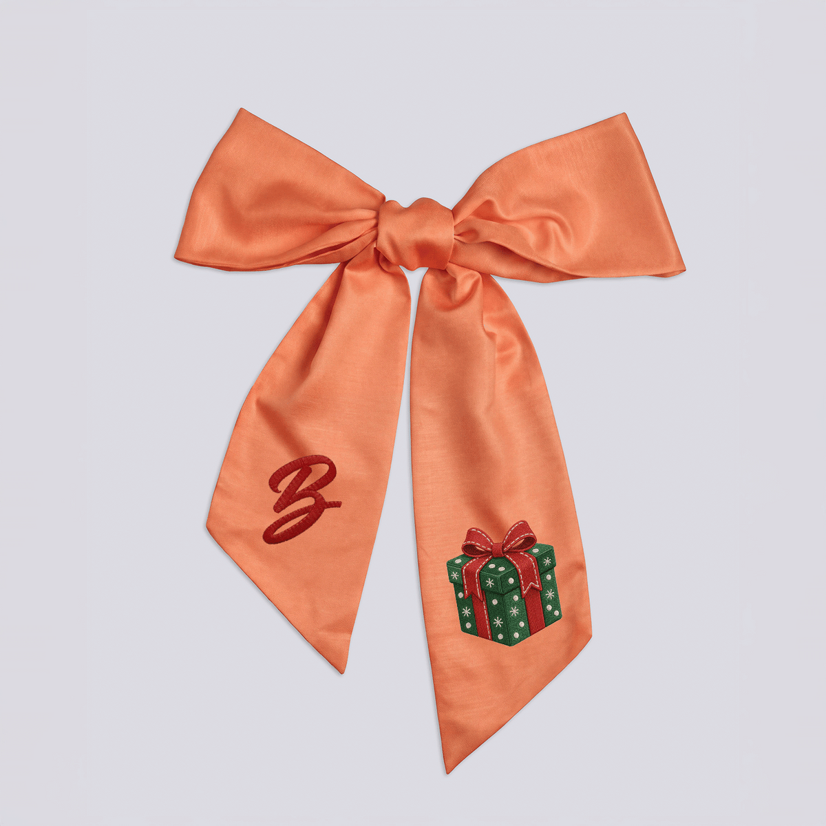 Custom Letter Red Bow Green Gift Box Embroidered Linen Wreath Sash, Personalized Monogram Holiday Bow Sash for Door Decor