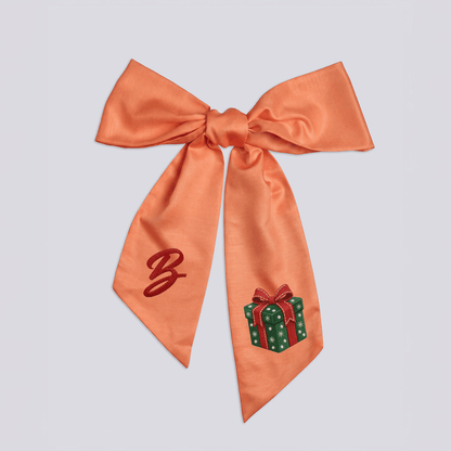 Custom Letter Red Bow Green Gift Box Embroidered Linen Wreath Sash, Personalized Monogram Holiday Bow Sash for Door Decor