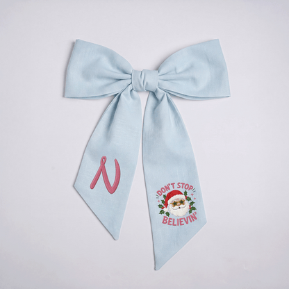 Custom Monogram Don't Stop Believin' Santa Embroidered Linen Door Wreath Sash, Personalized Initial Star Sunglasses Santa Quote Holiday Wreath Sash & Front Door Decor