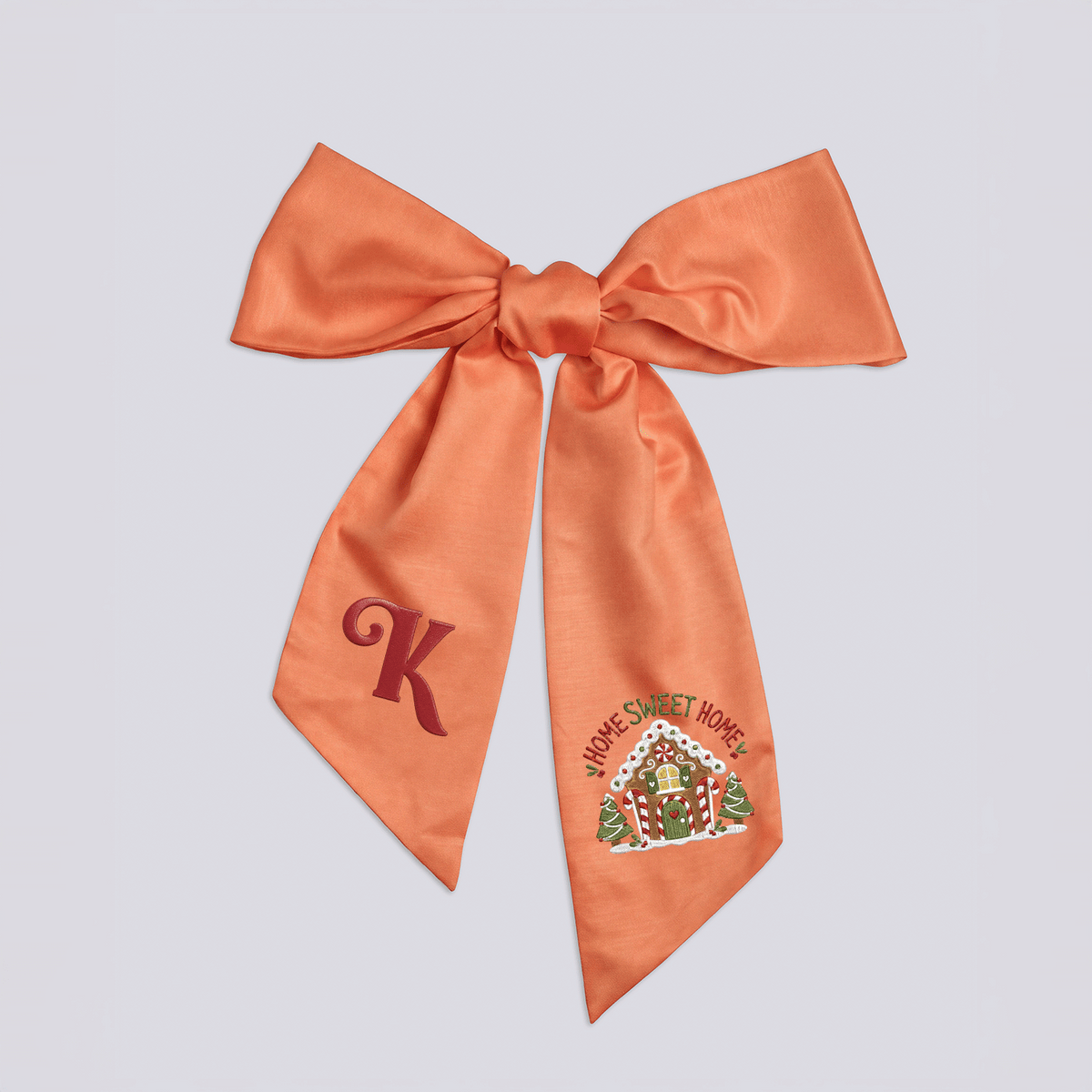 Custom Letter Gingerbread House Home Sweet Home Embroidered Linen Wreath Sash, Personalized Monogram Holiday Bow Sash for Door Decor