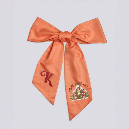Custom Letter Gingerbread House Home Sweet Home Embroidered Linen Wreath Sash, Personalized Monogram Holiday Bow Sash for Door Decor