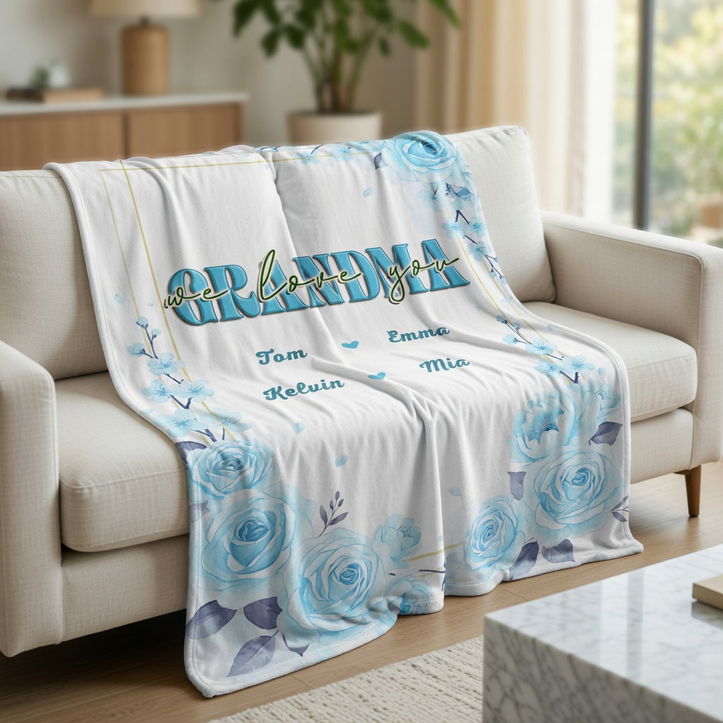 “Grandma, We Love You” – Heartfelt Mother’s Day Gift from Grandkids – Personalized Floral Heart Blanket