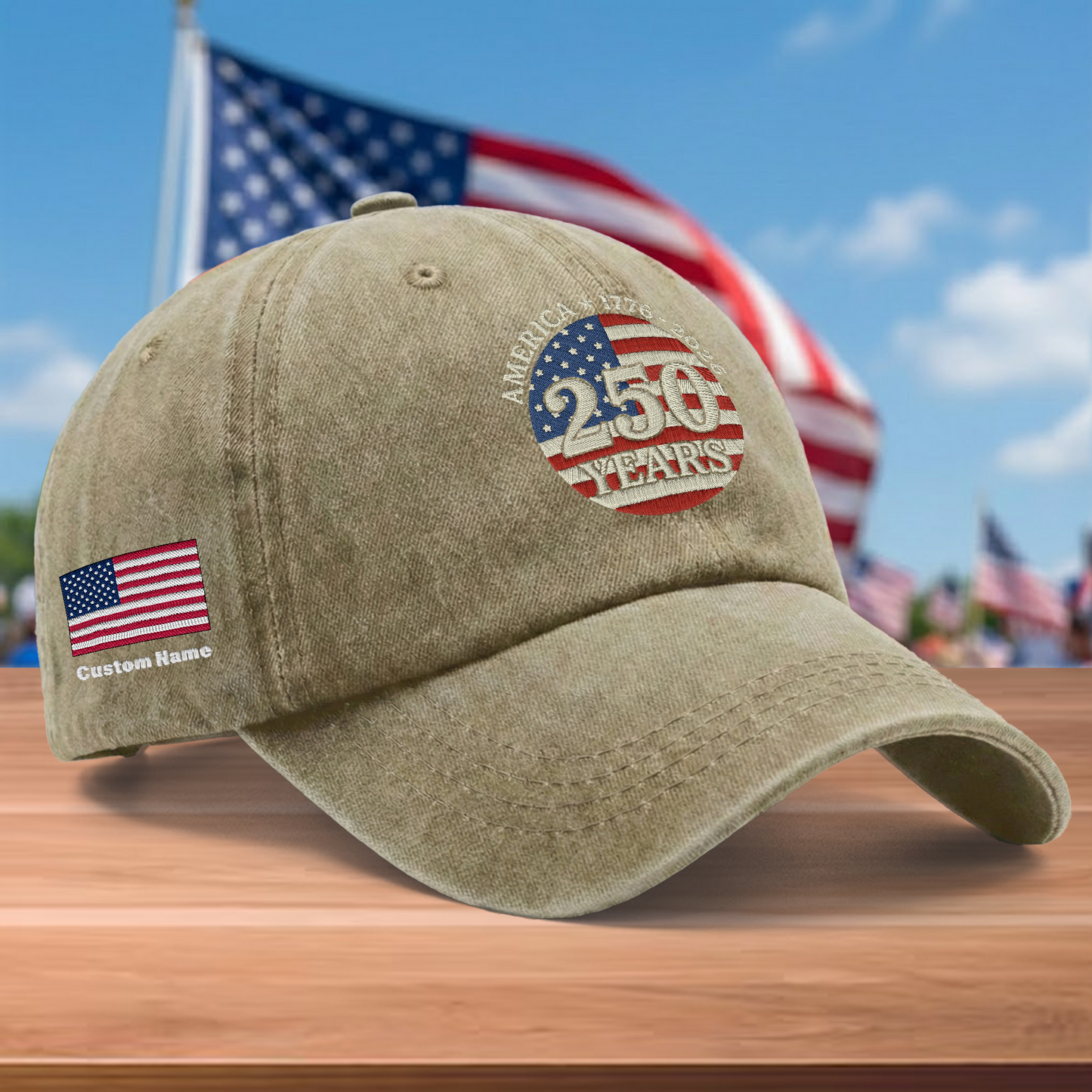 America 250 Years 1776-2026 Embroidered Washed Denim Baseball Cap – Custom Name Patriotic USA Anniversary Hat