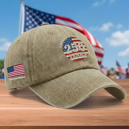 America 250 Years 1776-2026 Embroidered Washed Denim Baseball Cap – Custom Name Patriotic USA Anniversary Hat